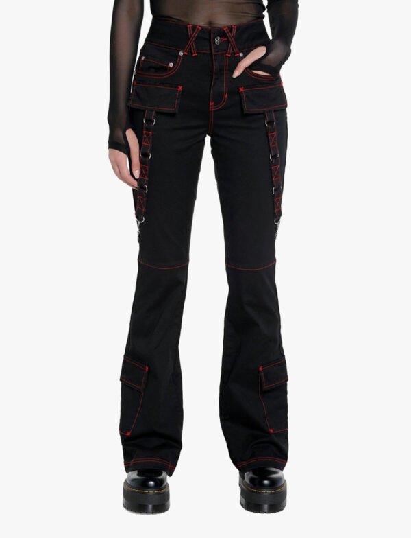 Black And Red Contrast Stitch Gothic Chain Pant