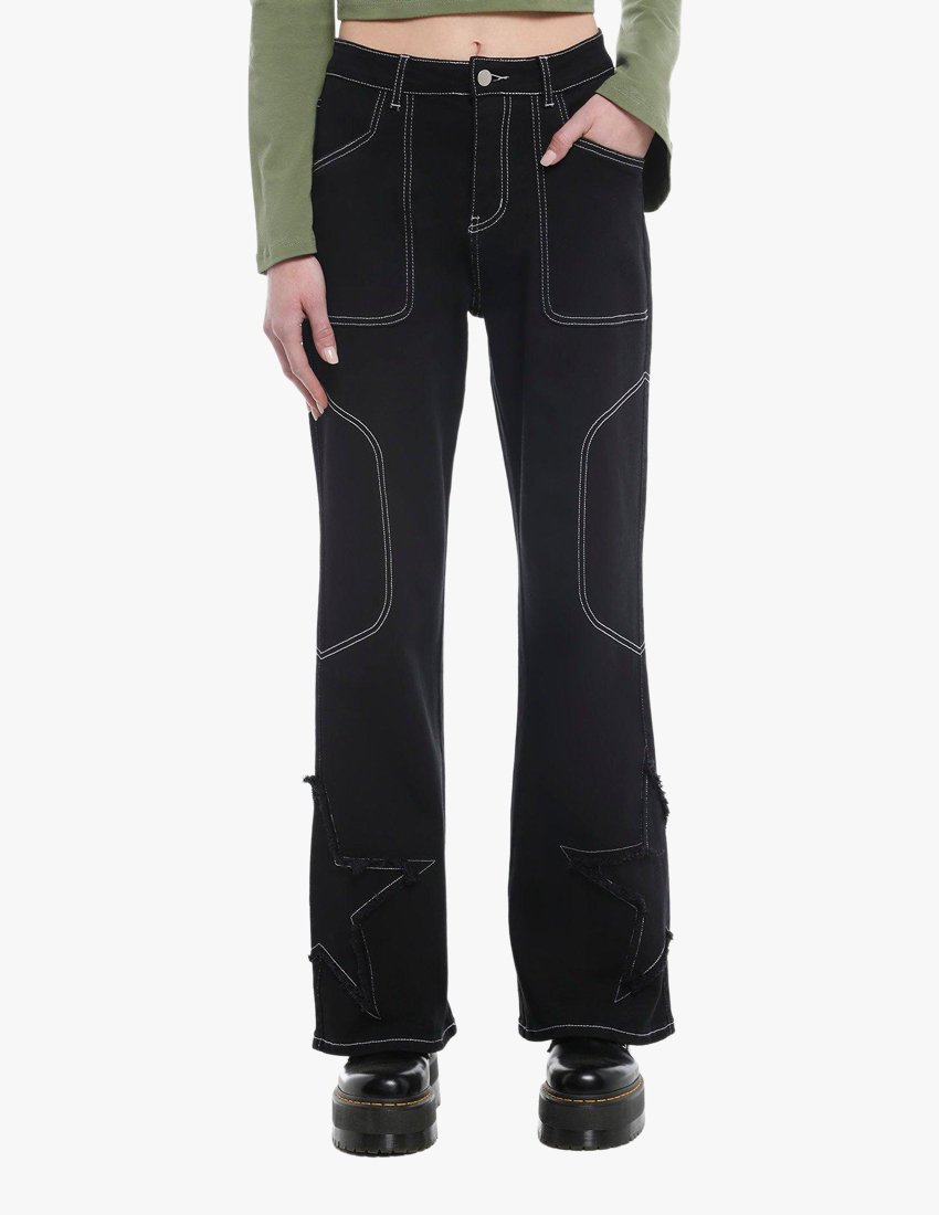 Black Star Patch Pant With White Contrast Stitch