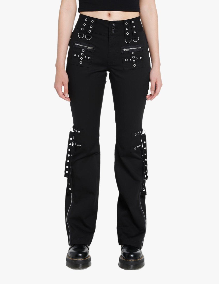 Women Black Eyelet Straps Punk Pant